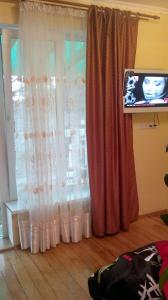a living room with a curtain and a tv at "Ранчо" - тераса квіти сад басейн in Uzhhorod