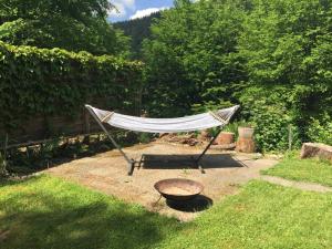 a hammock in a yard with a bbq grill at Ferienhaus Bussard in Gammelsbach