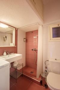 a bathroom with a shower and a sink and a toilet at Metaxa Seafront Apartment in Perea