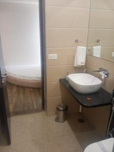 a bathroom with a sink and a toilet in it at DD Suites Hotel in Agra