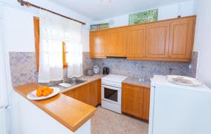 a kitchen with wooden cabinets and a plate of oranges on a counter at Captain's Villa in Skiathos