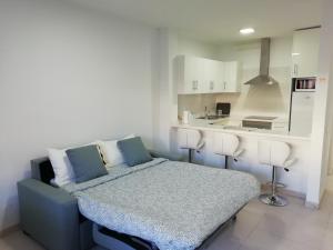 um pequeno quarto com uma cama e uma cozinha em AVENIDA DELUXE CANDELARIA em Candelaria