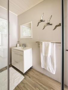 a bathroom with a sink and a shower at Melkbos Holiday Accommodation in Melkbosstrand