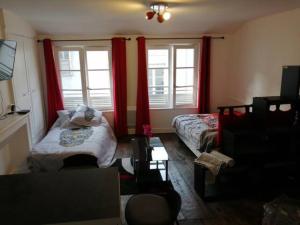 ein Wohnzimmer mit einem Bett und roten Vorhängen in der Unterkunft STUDIO cosy dans le centre de LIMOGES in Limoges