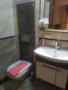 イスタンブールにあるHotel Kiwiのバスルーム(洗面台、トイレ、鏡付)