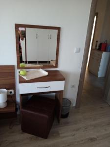 a woman taking a picture of a desk with a mirror at Weißer Schwan Белият лебед in Shkorpilovtsi
