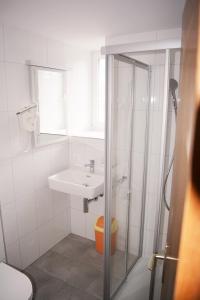 a white bathroom with a sink and a shower at Hotel Restaurant Belvedere in Weissbad