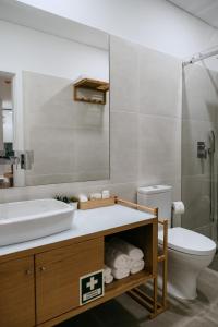 a bathroom with a sink and a toilet and a mirror at Villa Teresa apartamentos in Vila Nova de Gaia