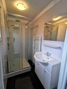 a bathroom with a sink and a shower at Giet Oan gelegen op Resort Venetië in Giethoorn