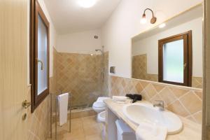 a bathroom with a sink and a toilet and a mirror at Sa Tirìa in Chia +37 photos