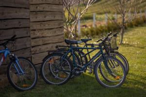 two bikes are parked next to a building at Rajskie Domki in Sadowie