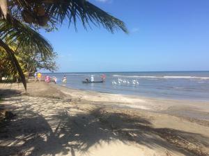 a group of people on a beach with a boat in the water at Cabaña Rio Lagarto in Lívingston