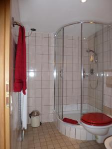 La salle de bains est pourvue d'une douche, de toilettes et d'une baignoire. dans l'établissement Pfälzer Landhotel Heinrich, à Bad Dürkheim