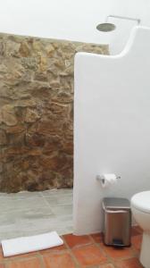 a bathroom with a toilet and a stone wall at Casa Tzabar in Villa de Leyva