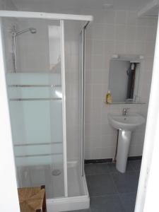 La salle de bains est pourvue d'une douche et d'un lavabo. dans l'établissement LA VUULE MAISON, à Fermanville