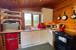 a kitchen with wooden walls and white cabinets at The Cabin at The Oaks in Fordingbridge