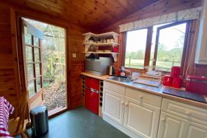 a kitchen with a stove and a sink in a cabin at The Cabin at The Oaks in Fordingbridge +9 photos
