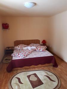 a bedroom with a bed with a rug on the floor at Casa Ionel si Dani in Fundata