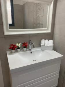 a white bathroom sink with a mirror and flowers on it at Via Arad Apartments in Arad