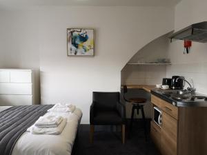 a room with a bed and a kitchen with a sink at Ty'r Bont Studios in Newtown