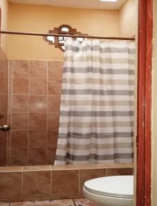 a bathroom with a shower curtain and a toilet at Hotel Nolasco in Antigua Guatemala