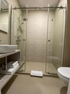 a bathroom with a shower and a sink at Pensiunea Agroturistica Marco in Dumbrăviţa