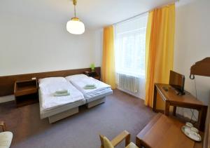 a bedroom with a bed and a desk and a window at Depandance Haná in Lázně Libverda