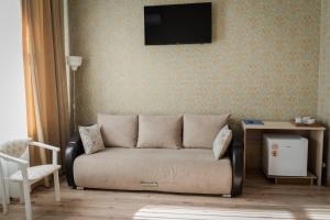 a living room with a couch and a tv at Priokskaya Hotel in Ryazan