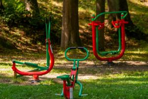 three play structures in the grass in a park at Depandance Haná in Lázně Libverda