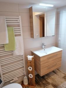 ein Bad mit einem Waschbecken und einem Spiegel in der Unterkunft Ferienhof Rabenreith in Grossraming