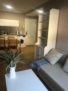 ESTUDIO Zona Norte Santiago de Compostela VUTCO-04046 في سانتياغو دي كومبوستيلا: غرفة معيشة ومطبخ مع أريكة وطاولة