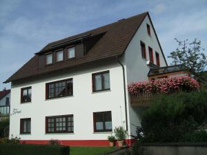 a white house with a brown roof at Haus Spiegel in Hilders
