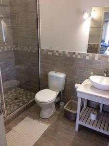 a bathroom with a toilet and a shower and a sink at Capricorn Studio One - 150m to Solar Beach, Patio & Braai, Wifi, DSTV & Netflix in Plettenberg Bay