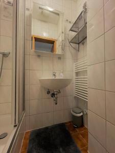 La petite salle de bains est pourvue d'un lavabo et de toilettes. dans l'établissement 2-Raum Ferienwohnung in Connewitz, à Leipzig