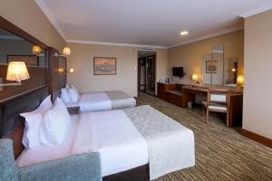 イスタンブールにあるDream Hill Business Deluxe Hotel Asiaのベッド2台とデスクが備わるホテルルームです。