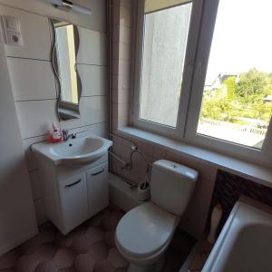 baño con aseo y lavabo y ventana en Pokoje Gościnne ZOFIA en Grzybowo