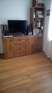 salon z telewizorem na drewnianej komodzie w obiekcie Apartament w Bieszczadach w Wołkowyi