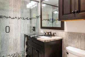 uma casa de banho com um lavatório e um chuveiro em Luxury Cottage just 5 miles to downtown Asheville em Asheville