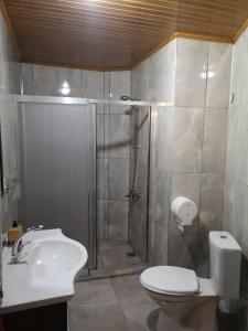 uma casa de banho com um chuveiro, um WC e um lavatório. em DIADEM CAPPADOCIA GUEST HOUSE & HOSTEL em Goreme
