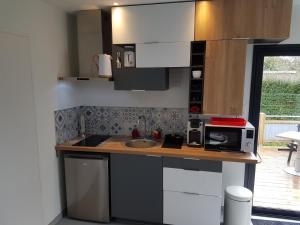 a kitchen with a counter with a sink and a microwave at Studio Castel Binic in Pordic