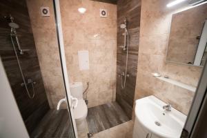 a bathroom with a shower and a toilet and a sink at Апартамент МИТИ in Pleven