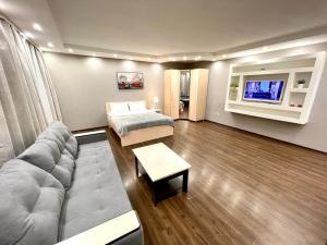a living room with a couch and a bed at Apartment on Krasnoarmeyskaya in Kemerovo