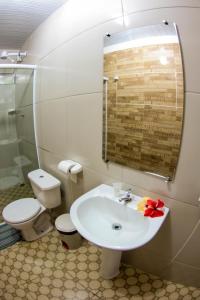 ein Badezimmer mit einem Waschbecken, einem WC und einem Spiegel in der Unterkunft Pousada Leão Marinho in Fernando de Noronha