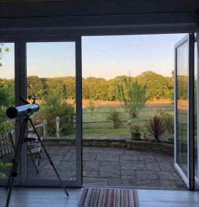 una cámara en un trípode frente a una ventana en Bluebells, en Rye