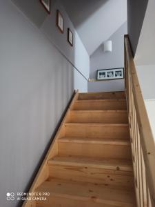 a staircase in a house with wooden floors at Domek Całoroczny Pod Dworem in Wola Kalinowska