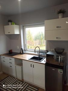 a small kitchen with a sink and a window at Domek Całoroczny Pod Dworem in Wola Kalinowska