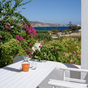 a table with a glass of orange juice on a balcony with flowers at Mirabeli Apartments & Suites in Pollonia