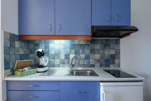 a kitchen with blue cabinets and a sink at Mirabeli Apartments & Suites in Pollonia