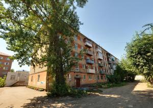 a tree is standing in front of a building at Omsk Sutki Apartments at 4th Poselkovaya 44 in Omsk