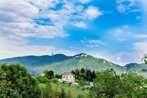 a house on a hill with mountains in the background at Pensiunea Toscana in Braşov